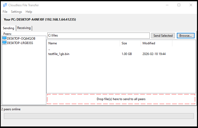 Cloudless File Transfer sending tab showing peer list, file browser, and drop zone
