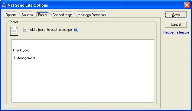 Net Send Lite footer options for automatic message signatures