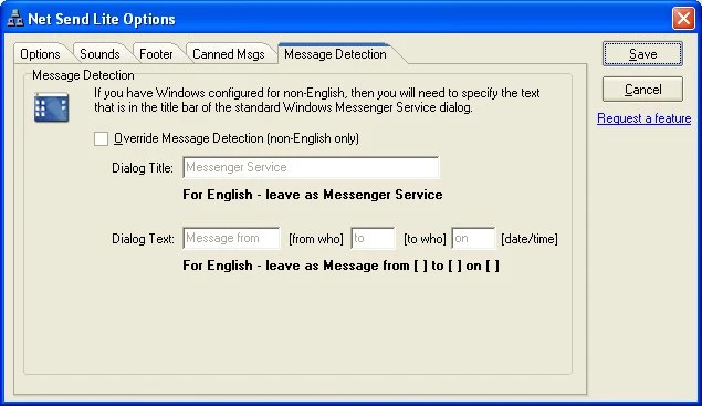 Net Send Lite message detection settings for internationalization