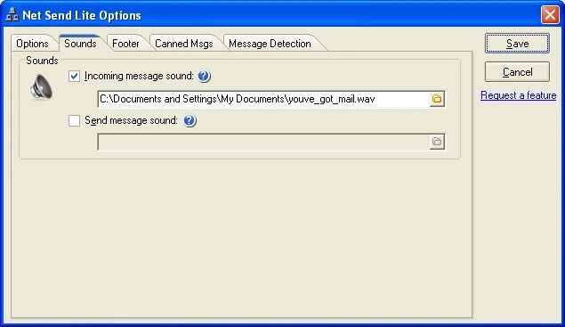 Net Send Lite sound settings for incoming and outgoing messages