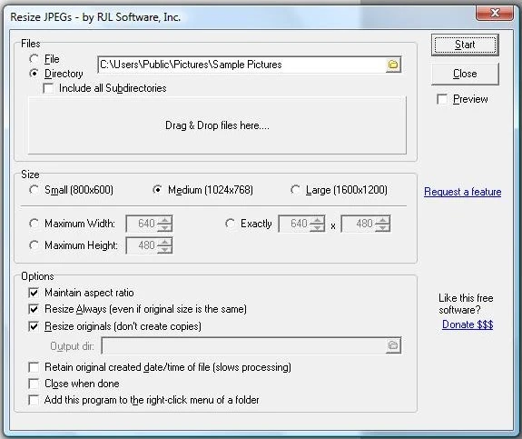 Resize JPEGs main window showing file selection, size options, and preview panel