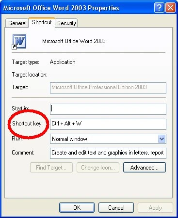 Windows shortcut properties dialog showing the Ctrl+Alt+W shortcut key assignment
