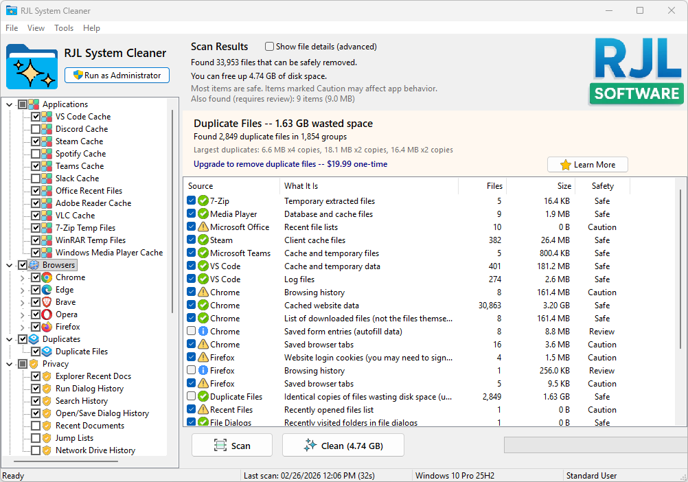 RJL System Cleaner scan results showing 33,953 files totaling 4.74 GB ready to remove, with each source listed by name, file count, size, and a Safe or Caution safety rating